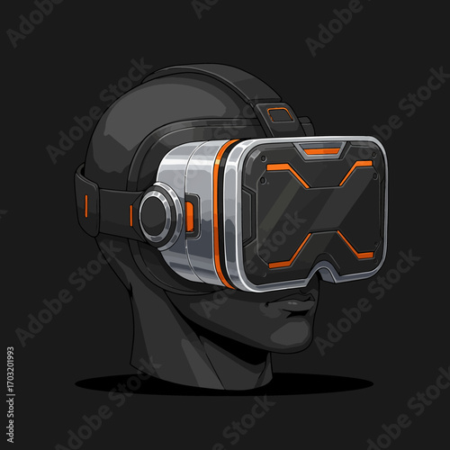Sleek and modern virtual reality headset with chrome and orange details. A conceptual illustration of futuristic wearable technology for the metaverse and virtual gaming