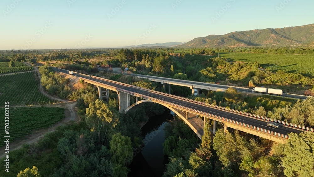 Fototapeta premium Aerial Drone Shot of Pan American Highway road bridge and railroad bridge crossing vineyards in Maule Valley in Chile in sunrise.