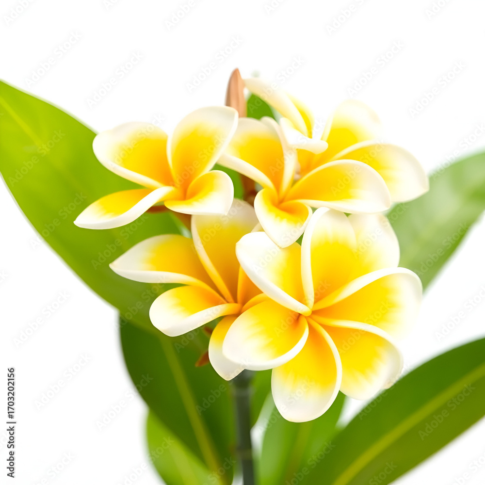 Naklejka premium Yellow and white plumeria rubra blooms on a clean white backdrop