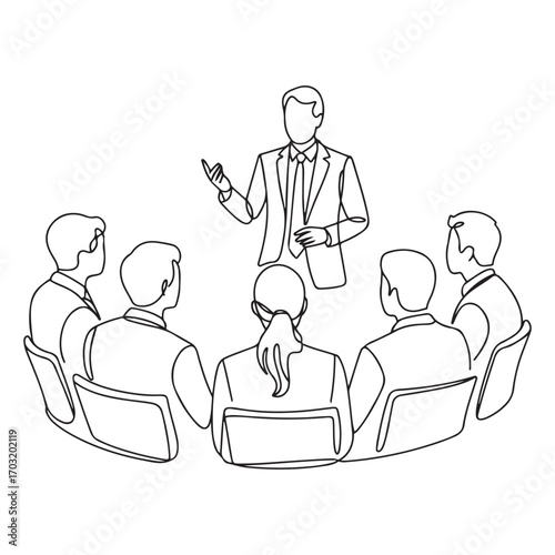 One continuous line Art drawing of young businessmen and businesswoman listening trainer explain business lesson. with white background
