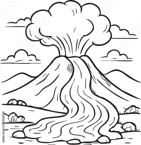 Erupting volcano line art with billowing cloud