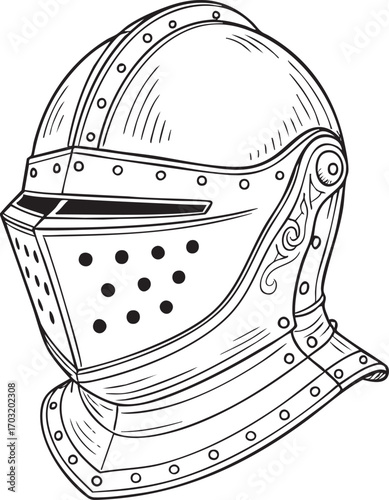 Medieval close helmet detailed line drawing