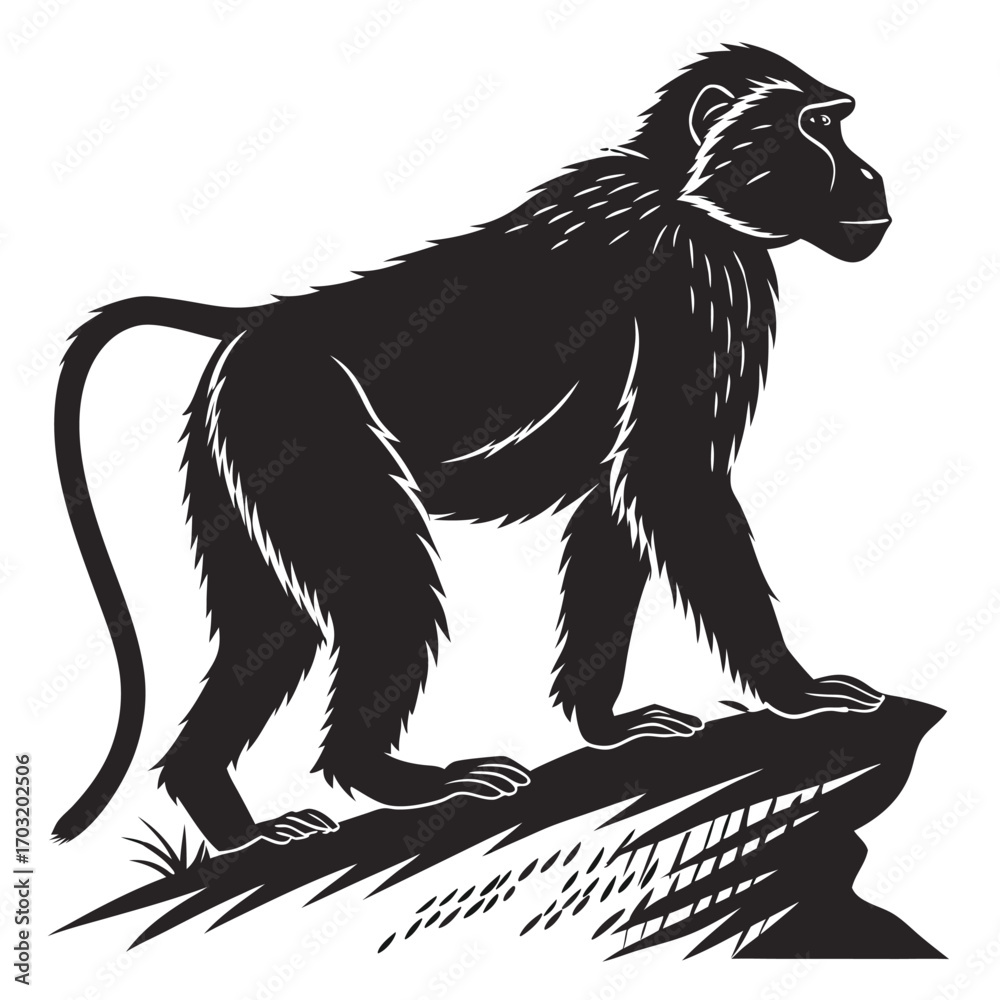 Fototapeta premium Baboon Silhouette Standing on a Rock.