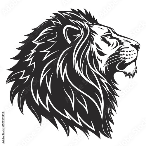 Majestic Lion Head Profile Illustration in Black and White.