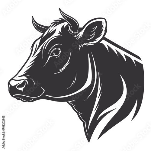 Detailed Black and White Illustration of a Cows Head.