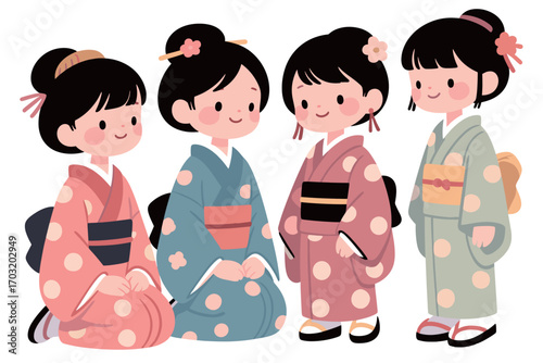 Charming KimonoClad Girls A Delightful Group Illustration