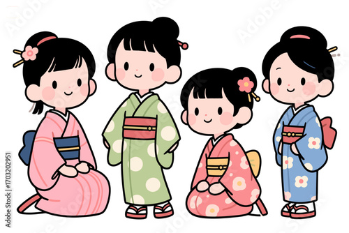 Four Cute Japanese Girls in Kimono