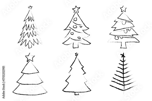 Hand drawn crayon Christmas tree set icon design white background