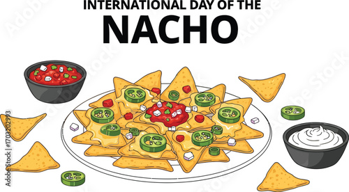 International day of the nacho illustration with nachos, salsa, and sour cream