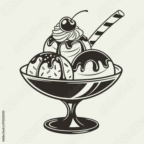 Delicious Ice Cream Sundae in a Glass Bowl with Cherry and Wafer.