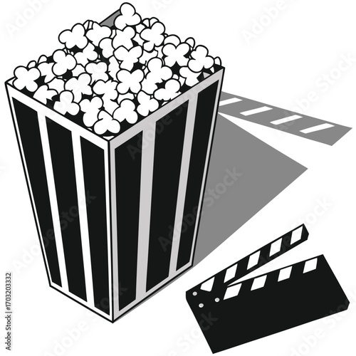 Popcorn bucket and clapperboard represent cinema and movie entertainment.