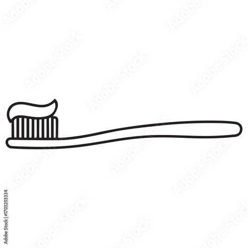 Single one line Art drawing toothbrush with toothpaste. Dental care equipment at home. Brushing teeth. with white background