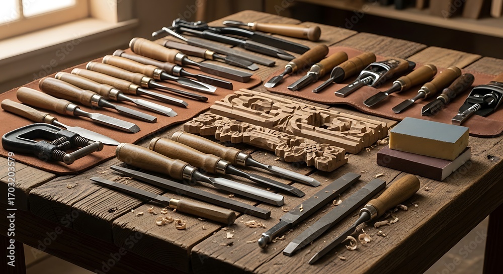 Naklejka premium Collection of Woodworking Chisels and Carving Tools on a Rustic Wooden Table.