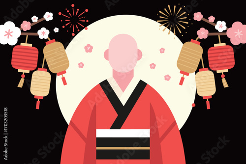 Zen Monk in Red Robes with Lanterns and Cherry Blossoms