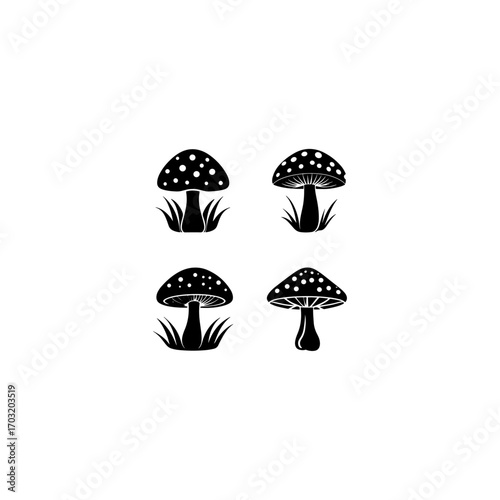 Mushrooms silhouette ,mushrooms vector icon illustration, fungi vector icon, edible mushrooms illustration, black and white mushroom design 