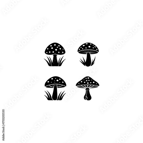 Mushrooms silhouette ,mushrooms vector icon illustration, fungi vector icon, edible mushrooms illustration, black and white mushroom design 