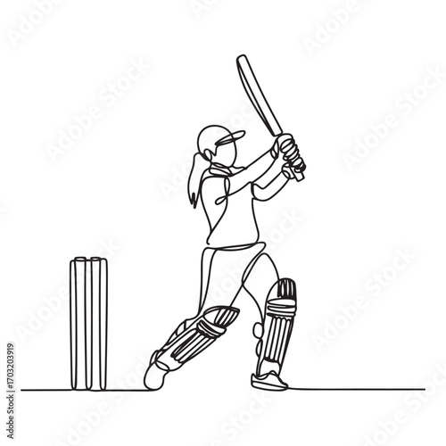 One continuous line Art drawing of young woman cricket player focus practice to swing cricket bat vector illustration. with white background