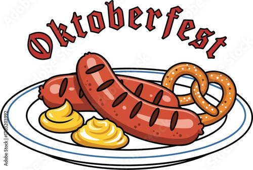 Oktoberfest illustration featuring sausages, pretzel, and mustard on a plate