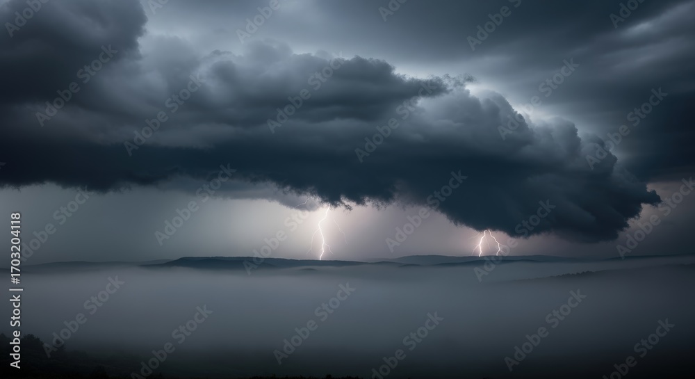 Fototapeta premium A dramatic thunderstorm with lightning illuminating the dark, ominous clouds over a misty landscape.