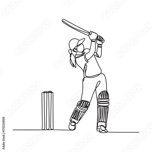 One continuous line Art drawing of young woman cricket player focus practice to swing cricket bat vector illustration. with white background