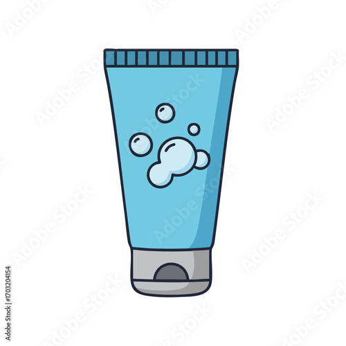 A vibrant blue tube of facial cleanser or body wash with playful bubbles, representing skincare, hygiene, and beauty products in a clean, isolated illustration.