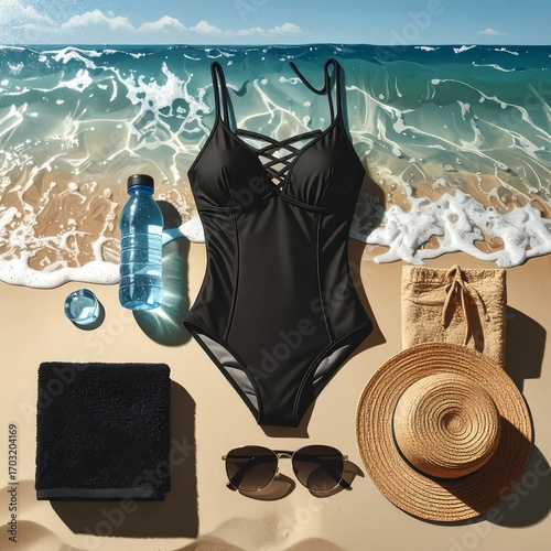 Beach essentials laid out on sand