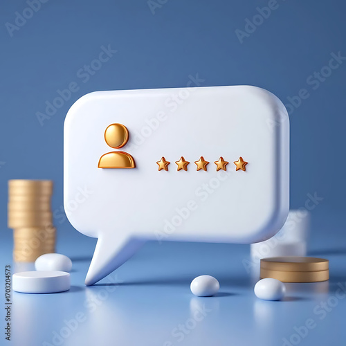 Five-Star Customer Review:  Modern 3D Rendered Speech Bubble with Gold Icons on Blue Background.