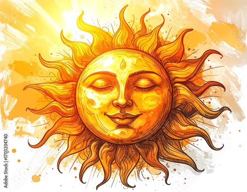 Radiant sun face, artistic style