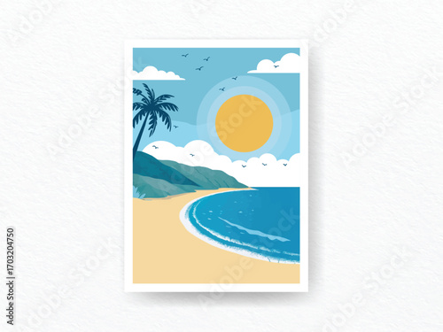 Scenic tropical abstract minimal summer poster with beach background, palm trees, clear blue sea, banner template, card design, cover layout, travel vacation inspiration illustration