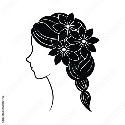 Elegant black silhouette profile woman with braided hair decorated with flowers
