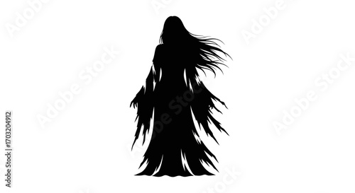 Silhouette of a mysterious woman with flowing hair and tattered dress