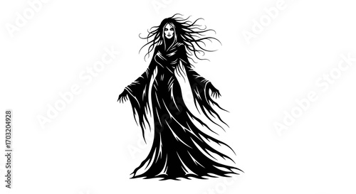 Dark gothic woman in flowing black robes and wild hair