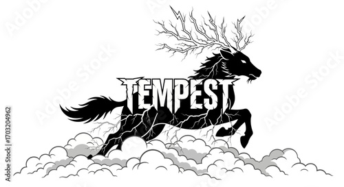 Mythical tempest horse with lightning antlers and clouds