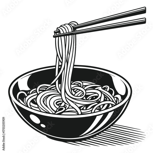 Chopsticks lifting delicious noodles from a bowl illustration.