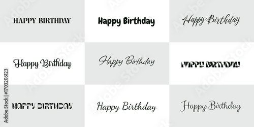 Happy birthday handwritten text lettering calligraphy design set isolated on white background, decorative typography style for celebration poster, card, party, wishes and invitation illustration