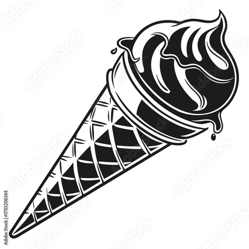 Melting ice cream cone in black and white.