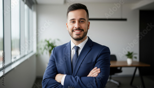 Confident leader smiling latin hispanic, middle eastern business man standing arms crossed in office looking at camera. Portrait of manager executive CEO entrepreneur