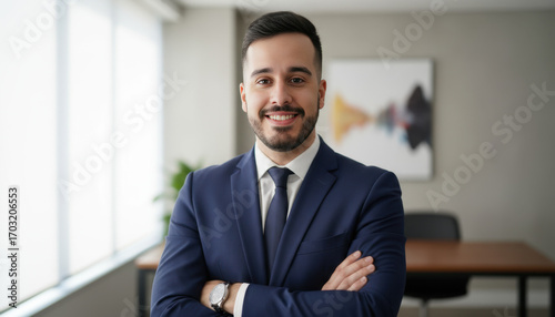 Confident leader smiling latin hispanic, middle eastern business man standing arms crossed in office looking at camera. Portrait of manager executive CEO entrepreneur