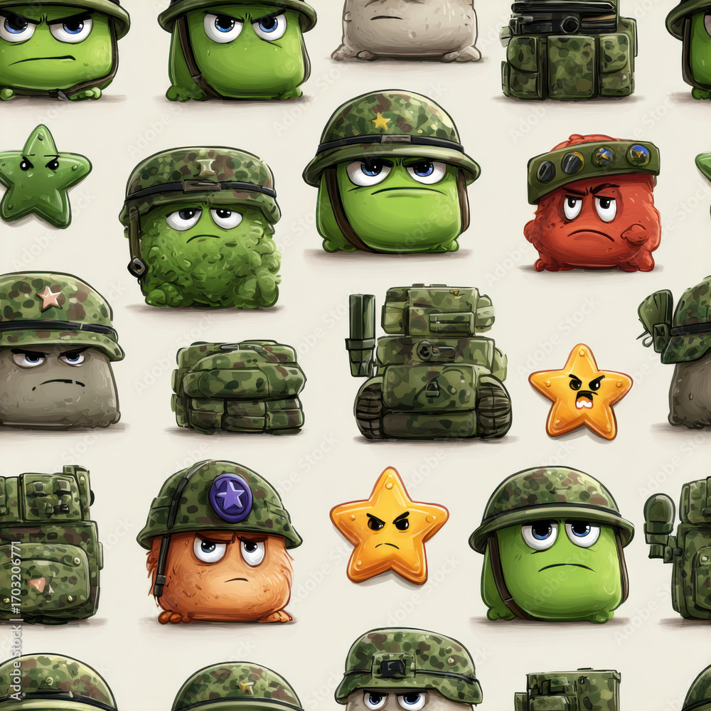 Fototapeta premium Cartoon Army Character Seamless Pattern on Neutral Background