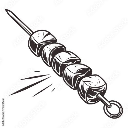 Grilled meat cubes on a skewer.