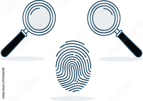 Magnifying glasses examine fingerprint for forensic analysis in crime scene investigation, highlighting security and identification process.