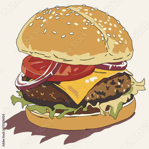 Delicious Cartoon Burger with Cheese, Tomato, Onion, and Lettuce.