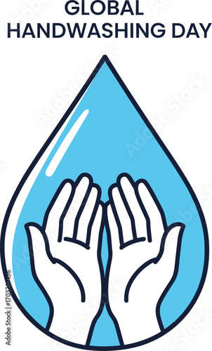 Global handwashing day illustration featuring a water droplet and hands