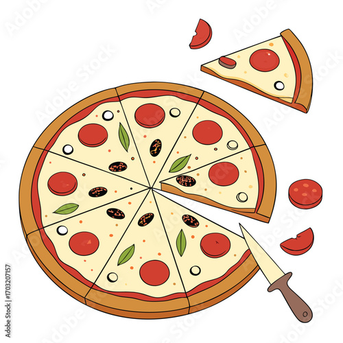 Hand drawn pepperoni pizza with a missing slice.