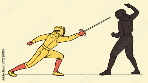 Fencer in yellow suit lunges towards opponent with sword in hand.