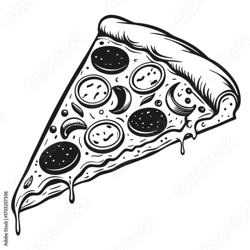Delicious pizza slice with melting cheese and pepperoni, hand-drawn illustration.