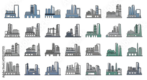 A diverse collection of flat design icons depicting various industrial factories, refineries, and power plants.