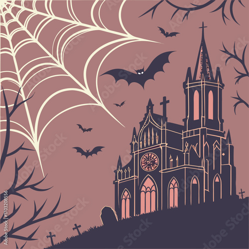 A scary vector illustration of a haunted castle against the dark night sky