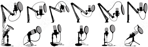 set vector Studio microphone icon. professional microphone for podcasting symbol. collections Different microphones black silhouette design vector illustration