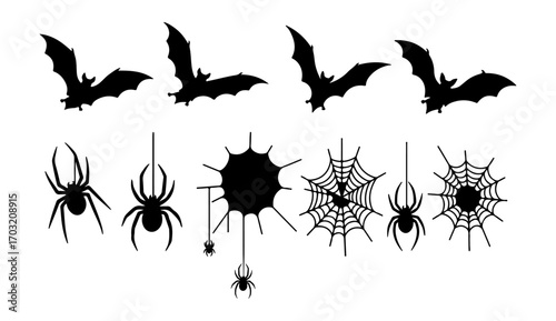 Set of Halloween scary creature silhouettes with bats and spiders vector design elements